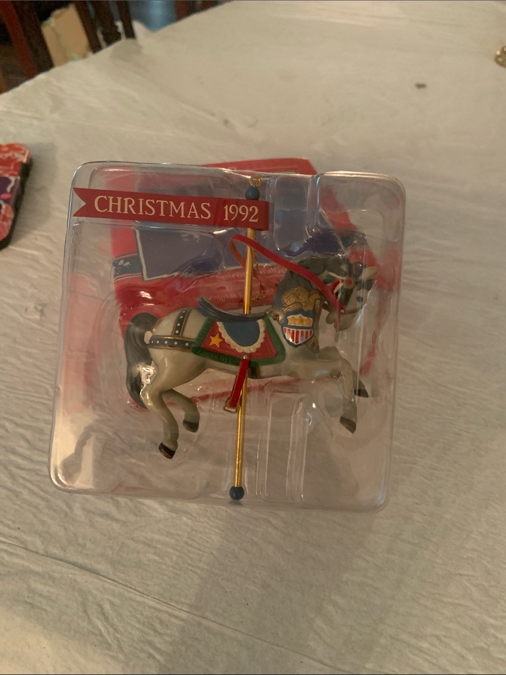 Enesco Christmas 1992 Carousel Horse Ornament - White, Red, Green, Gold